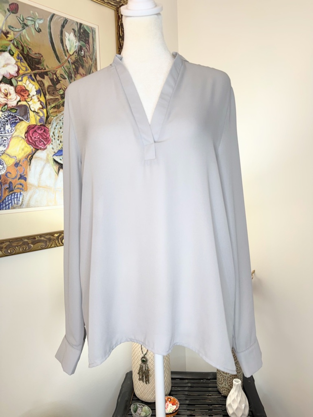 Brigitte Bailey Gray V Neck Blouse Medium Long Sleeve Career Work Top